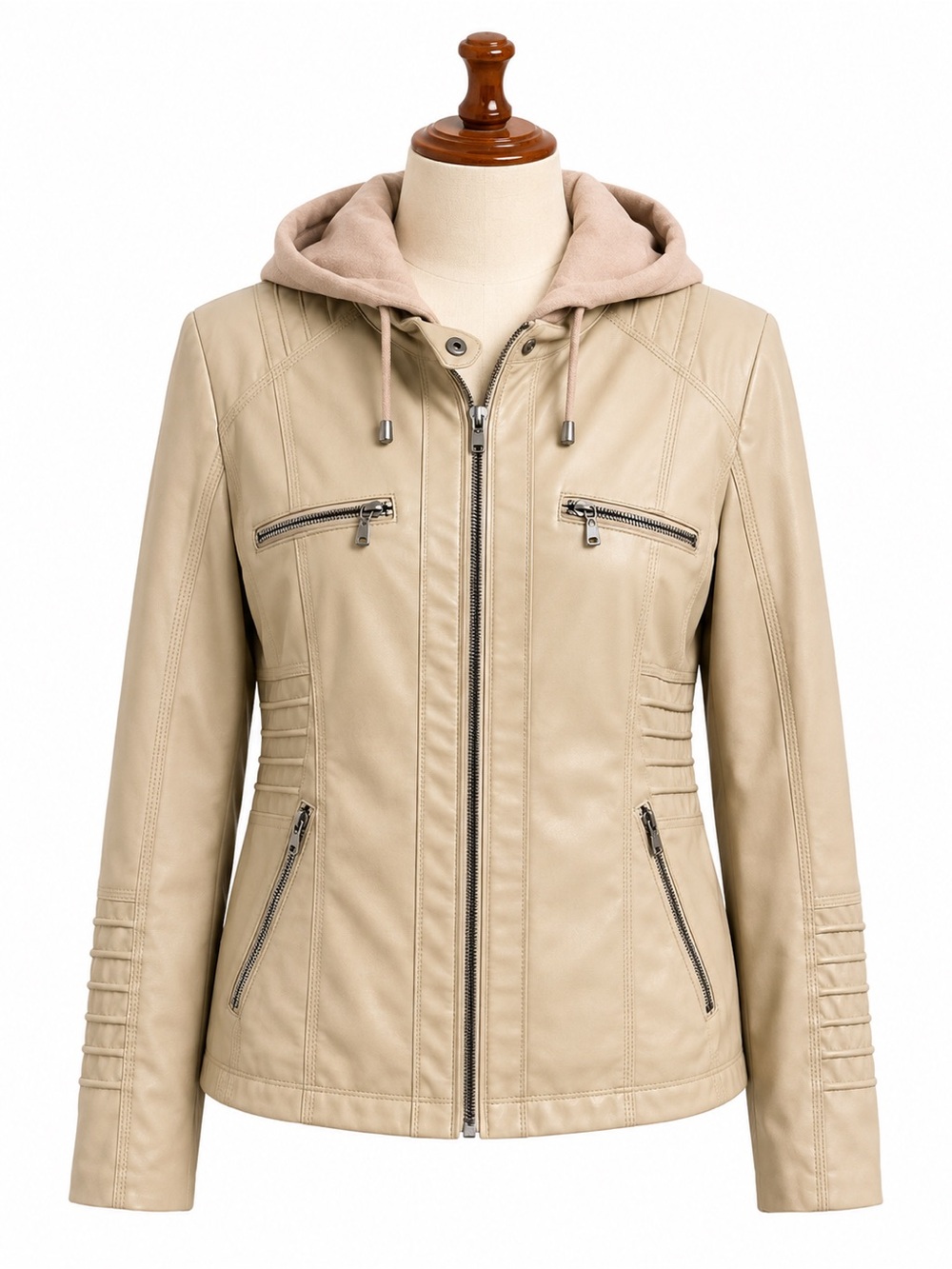 Light Beige Hooded Faux-Leather Jacket with Quilted Sleeve Accents